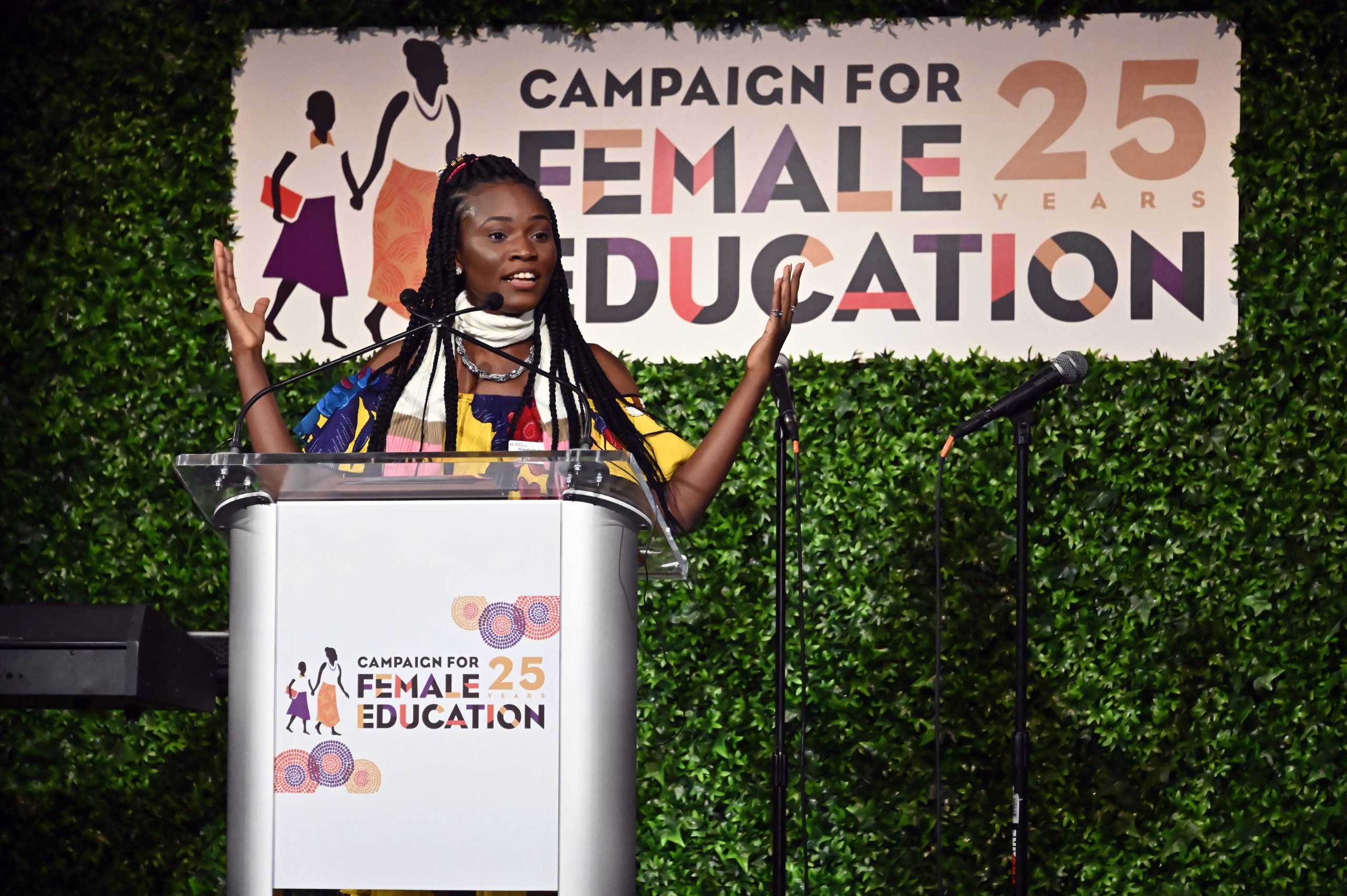 CAMFED Association leader and entrepreneur, Rosalinda, speaking at CAMFED's 25th anniversary gala in New York, in 2019.
