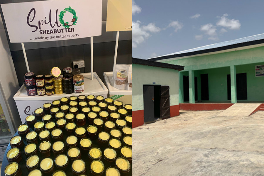 Shea butter products and a large building, the shea processing center.