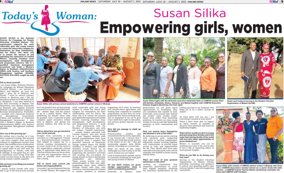 Screenshot of Malawi News article on Susan Silika CAMFED Malwai 2022-08-05