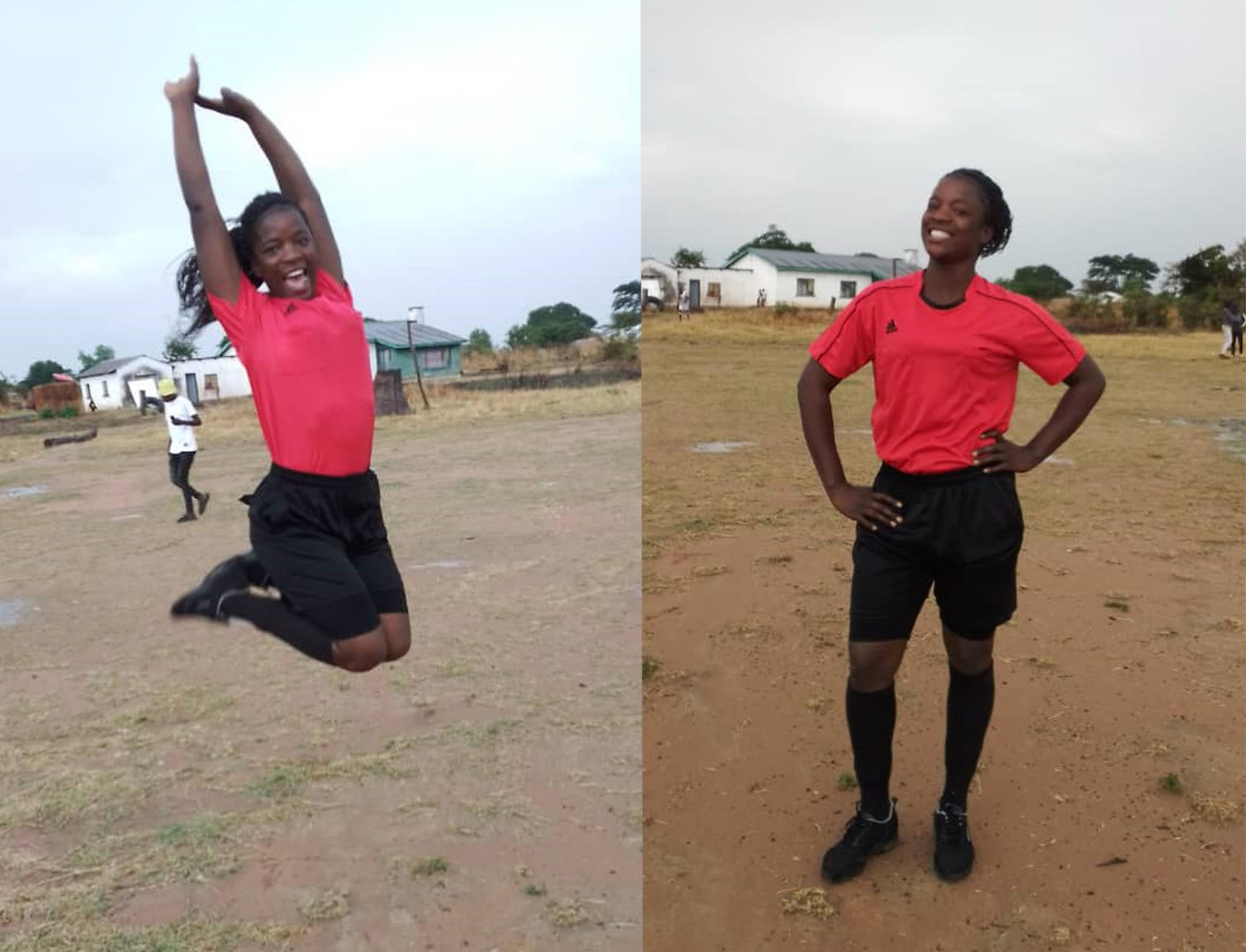 CAMFED Association member and aspiring professional soccer (football) referee Memory standing on the pitch in referee uniform for a photograph in Zambia.