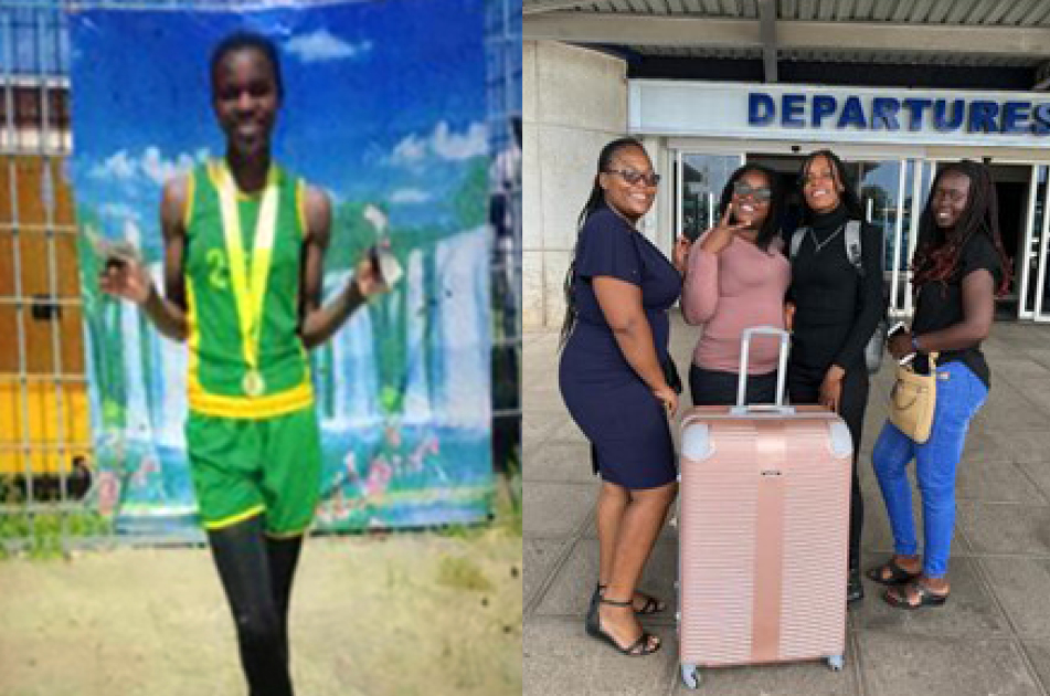 Privilege hold her medals after competing, and CAMFED Association members stand with suitcases at the airport to say farewell to Privilege.