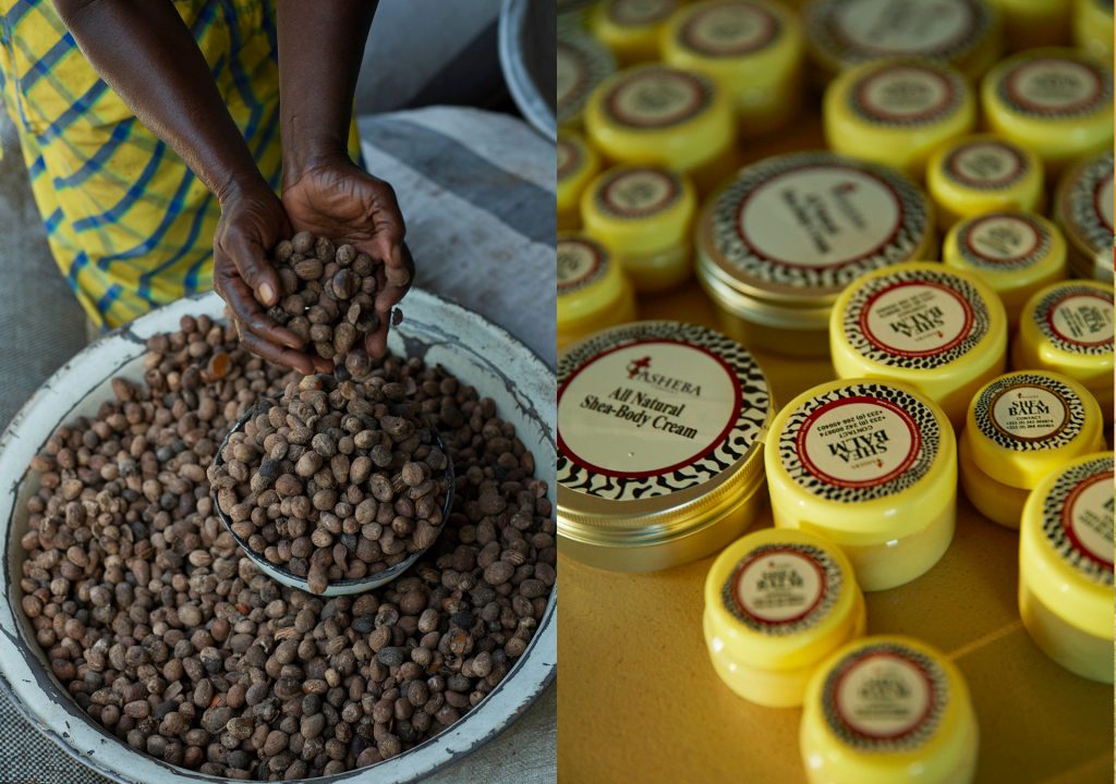 A Ghanaian woman holds raw shea nuts in her hands, next to processed shea butter in yellow pots ready for sale. 