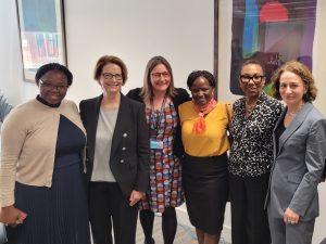 From left: CAMFED’s Fiona Mavhinga, Julia Gillard, the REAL Centre's Pauline Rose, CAMFED's Lydia Wilbard, the FCDO’s Alicia Herbert, and Advisor Lucy Lake at the Transformative Education Symposium at the REAL Centre, University of Cambridge