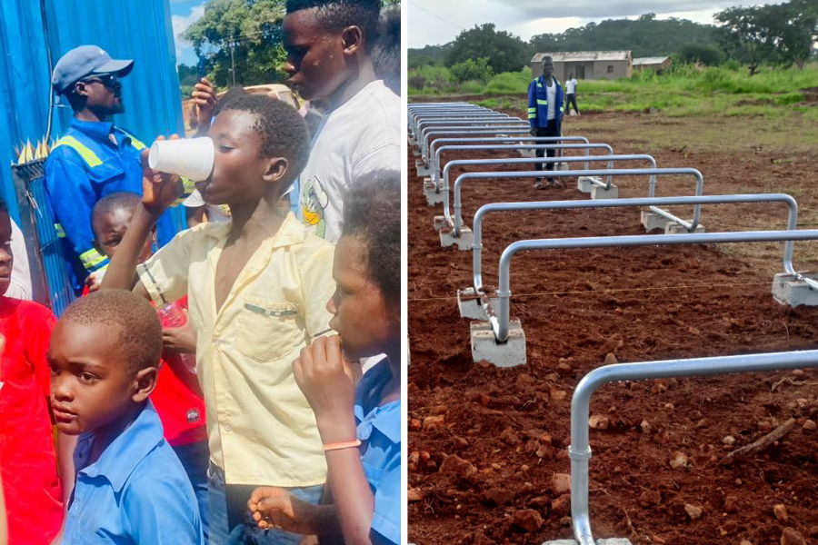 Left: A Zambian primary student drinks from a new clean water source at school. Right: Metal poles in the ground ahead of hydropanel installation.