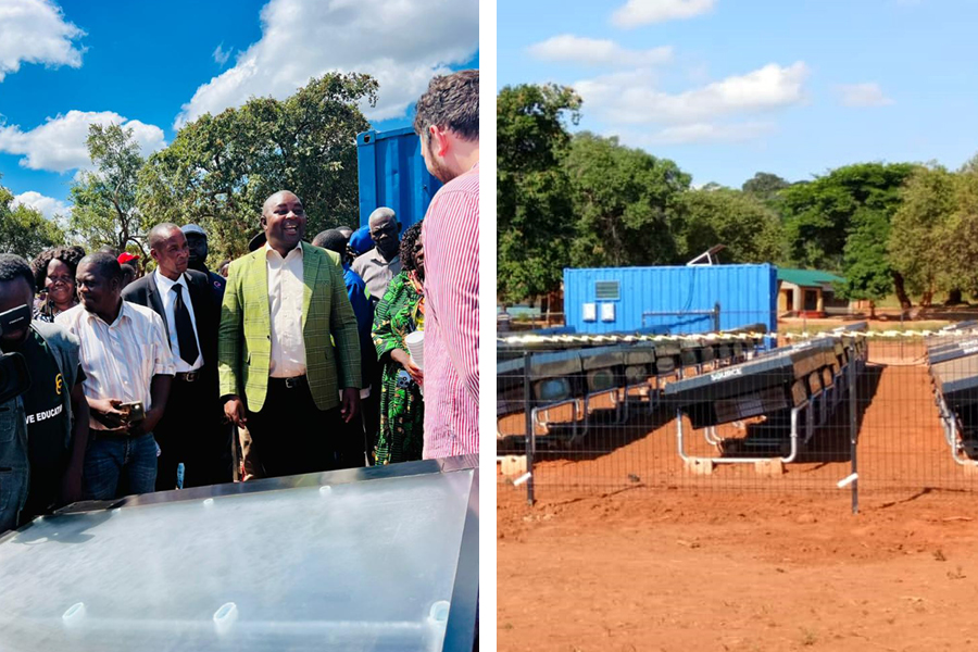 Left: People gather at an event launch in Chinsali, Zambia. Right: Solar powered hydropanels in a school field