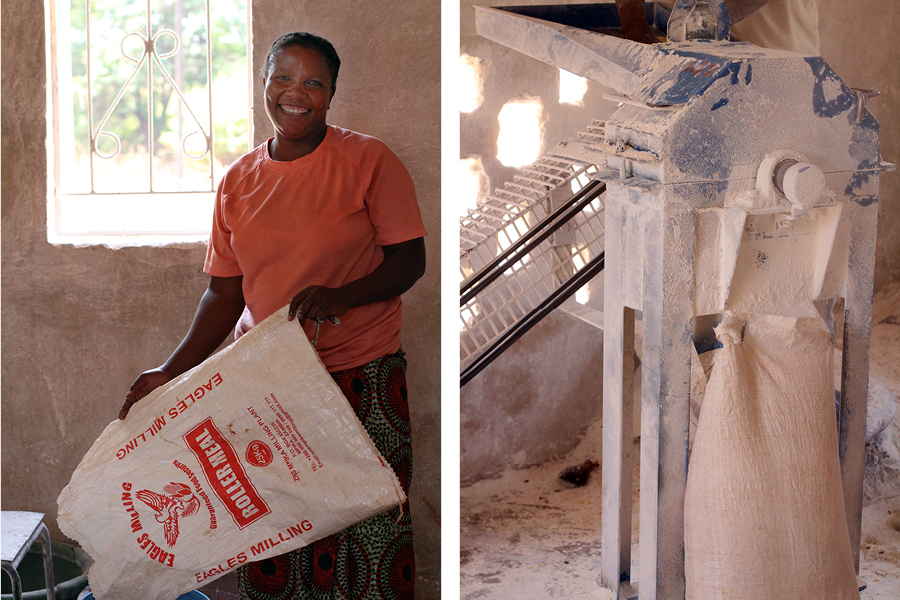 Left: A young Zambian woman holds a bag of maize ready for milling. Right: The maize mill machinery and a bag of ground maize.