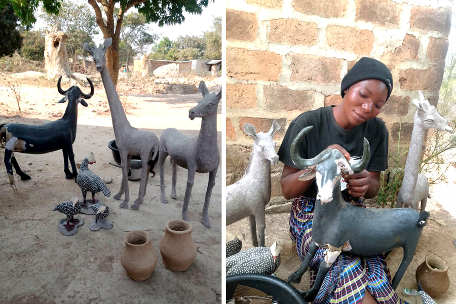 Sculptures of African animals including giraffes and cattle. Elizabeth, a Zambian woman makes the sculptures by hand.