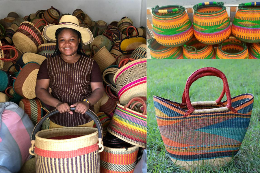 Diana, a Zimbabwean woman sits surrounded by woven baskets (left), a selection of colorful woven baskets (right). 