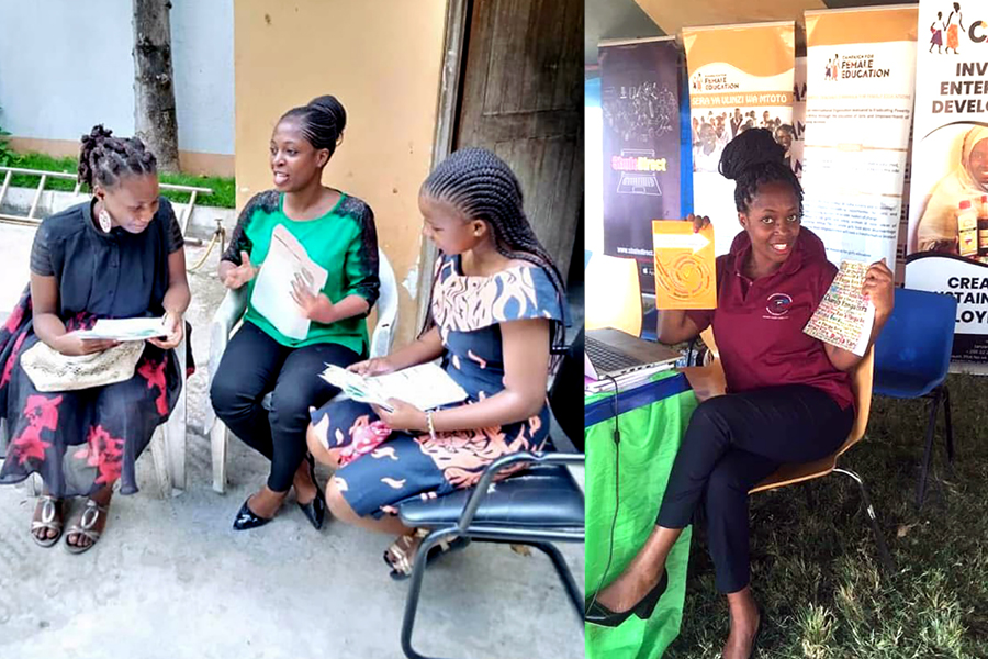 Left: Three young Tanzanian women sit in a circle talking. Right: Diris, a Tanzanian woman holds up a book and smiles. 