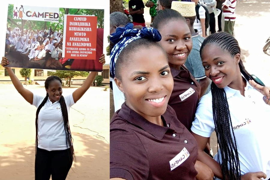 Left: Diris, a young Tanzanian woman holds a sign. Right: Diris and two other young women smile at the camera. 